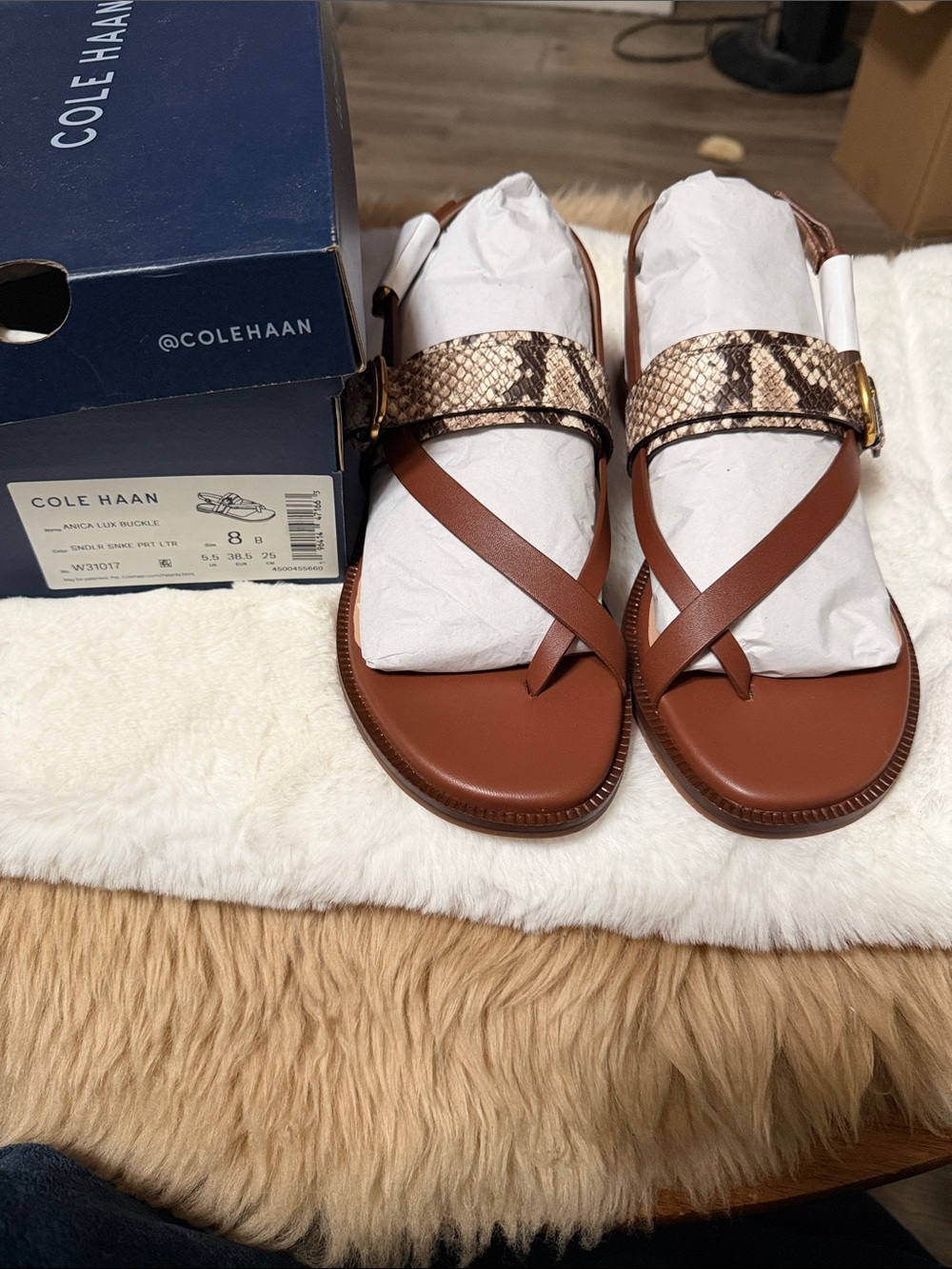 Cole Haan Tan Leather Sandals with Snake-Print Strap, Size 8 New